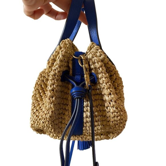 Anya Hindmarch Raffia Drawstring Tote Sz Small in Electric Blue Leather Tassels - Picture 11 of 16